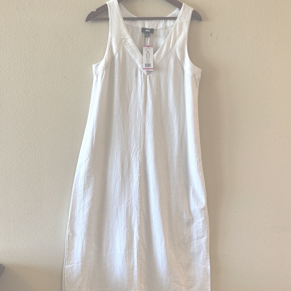DKNY Linen Maxi Dress Small White A Line Sleeveless Minimalist Resort‎